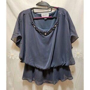 J.R. Nites By Carol Lin Womens 14 Gray Blouson Bead Embellished Flowy Romantic